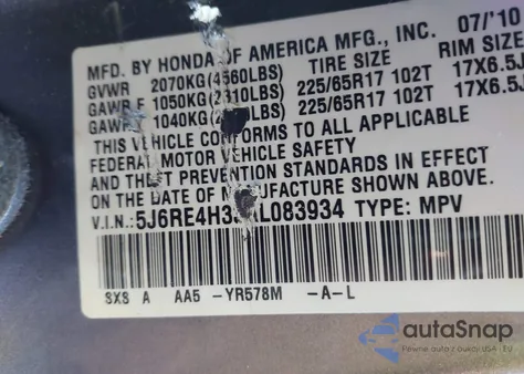 2010 Honda Cr-V Lx z USA, uszkodzony, nr VIN 5J6RE4H33AL083934
